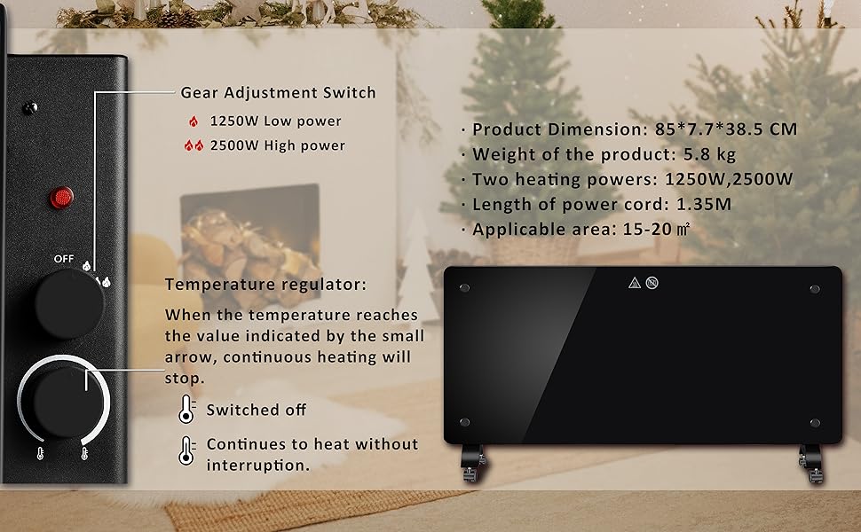 Конвектор DONYER POWER 2000W з склопанеллю, ультратонкий, настінний/підлоговий, чорний