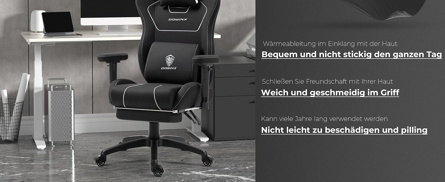 Ігровий крісло Dowinx з тканини, чорного кольору, з ергономічним дизайном та м'якими підлокітниками для комфортного тривалого сидіння