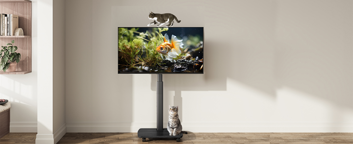 AOKCOS Rolling TV Stand with Shelf - Adjustable Height & Swivel - Fits 43-75 inch TVs (up to 50kg) - VESA 600x400mm - White & Natural Wood Finish