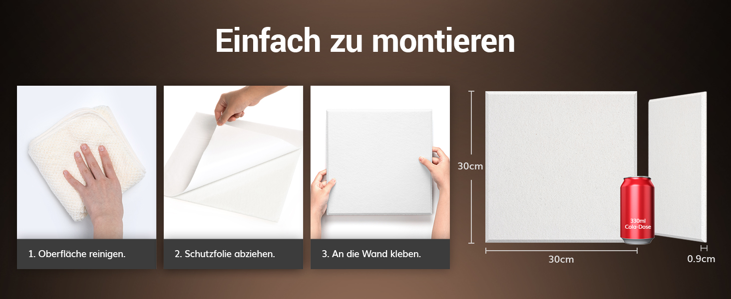 Акустичні панелі TONOR самоклеючі, квадратні 30x30x0,9 см, звукопоглинаючі плити з поліестеру високої щільності для стін, стелі та дверей, білі (48 шт)