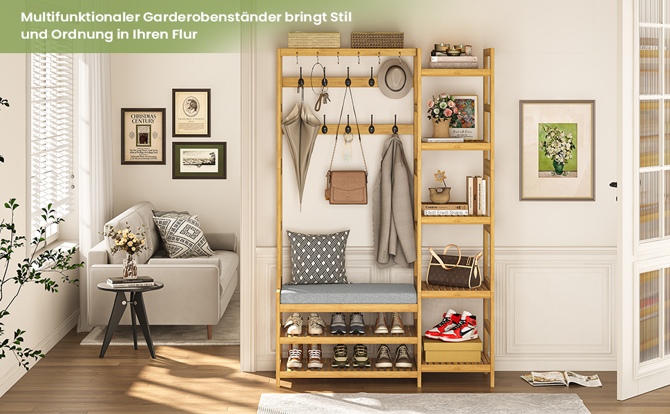 VIAGDO Wardrobe with Shoe Bench, Clothes Rack with 5 Storage Shelves, Wardrobe with Shoe Shelf, 10 Double Hooks, Entryway Wardrobe for Hallway and Bedroom 104x33x175 cm (104 x 33 x 175 cm)