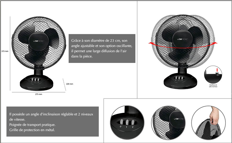 Вентилятор Clatronic® з функцією гойдання | Тихий вентилятор 2 швидкості | Діаметр 23 см | Настільний вентилятор 30W | VL 3601 (Чорний)