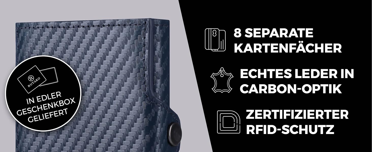 Слім-гаманець RUTAKO з RFID-захистом для чоловіків та жінок, компактний картхолдер з карбону, синій (без монетниці)