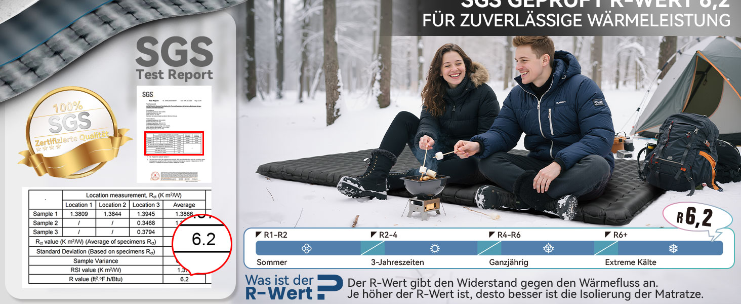 Каремат туристичний HIKENTURE 6.2 R-Wert для 2 осіб, 8 см, надувний, 140x200 см, для 4 сезонів, для кемпінгу, трекінгу, намету, пляжу