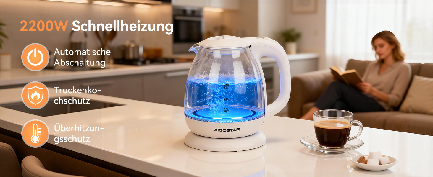 Електричний чайник Aigostar зі скла, 1 л, 2200W, LED-підсвічування, автоматичне відключення, захист від сухого кипіння, BPA Free, білий