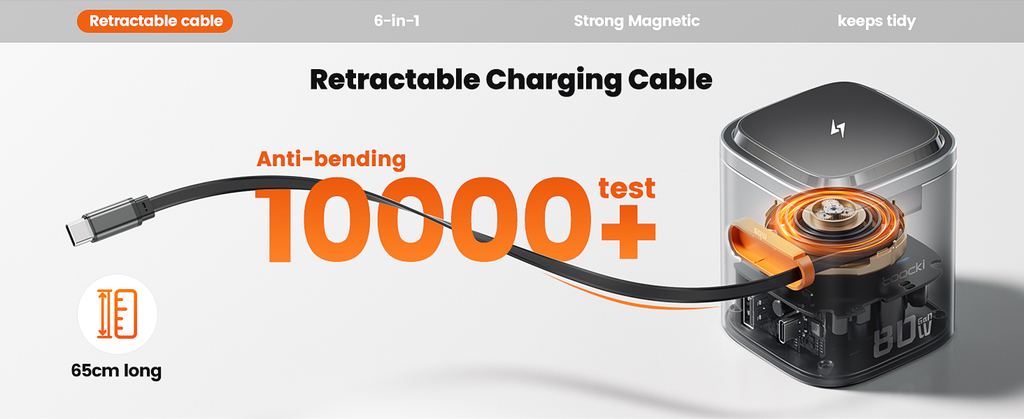 Зарядний пристрій Toocki 80W GaN з USB-C та USB-A, 6 портів, з вбудованим кабелем та MagSafe для MacBook, iPhone 17 Pro Max, Galaxy S24 та інших пристроїв