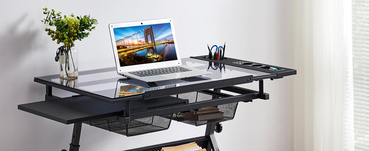 Yaheetech Adjustable Height Drafting Table Set with Tilt-Top, Storage & Stool - Drawing/Art Desk for Artists - Black