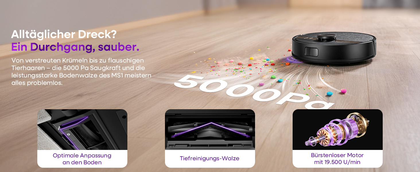 Робот-пилосос MONSGA з функцією миття, потужність 5000Pa, час роботи 180 хв, система захисту від спутання, навігація LiDAR, для килима, шерсті тварин, керування через додаток та пульт (чорний)