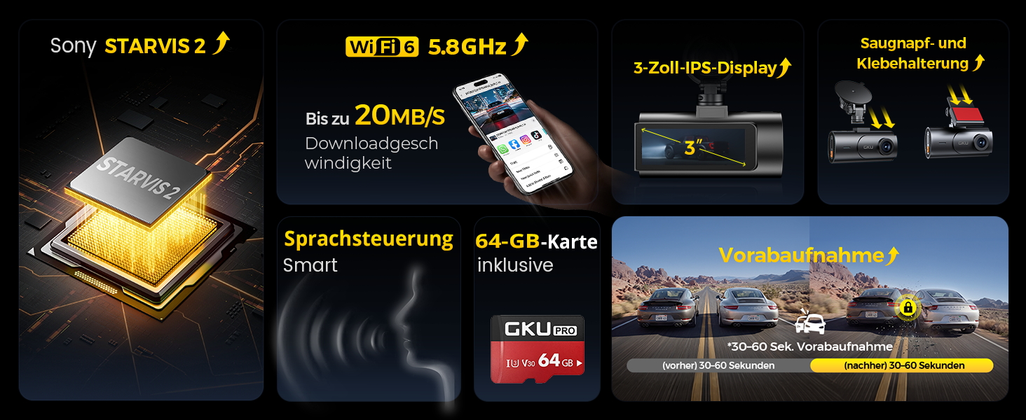 Автомобільний відеореєстратор GKU D600ProMax 4K Ultra HD з передньою та задньою камерами, сенсором STARVIS 2, WiFi 6 та карткою пам'яті SD