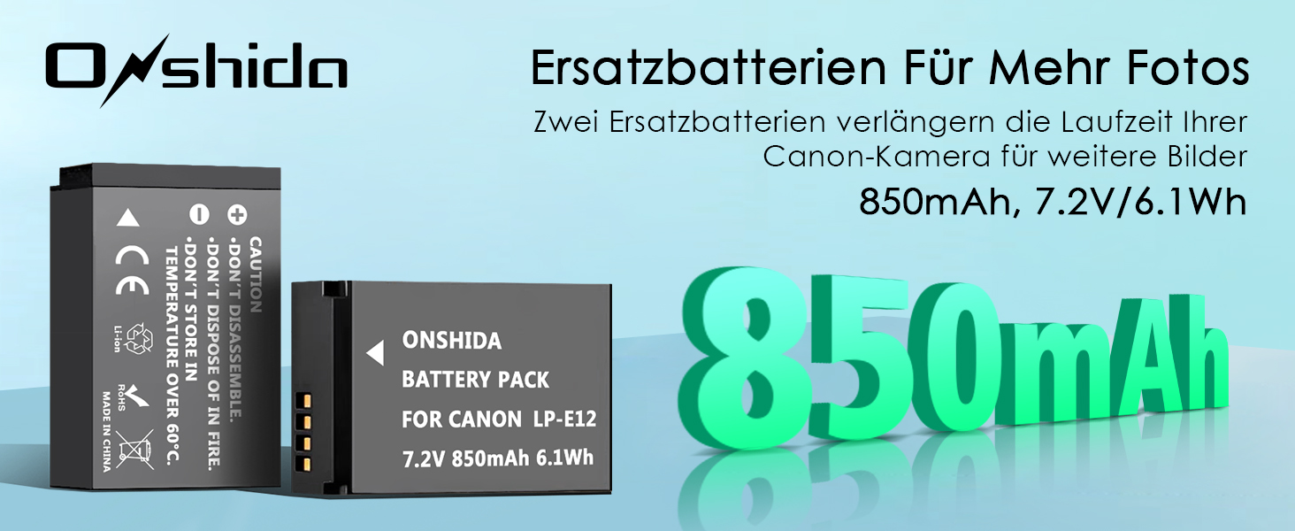 Акумулятор для камери Onshida LP-E12, 2 шт. 850mAh, зарядний пристрій, комплект для Canon EOS M, M2, M10, M100, 100D, Rebel SL1, KISS X7, M50