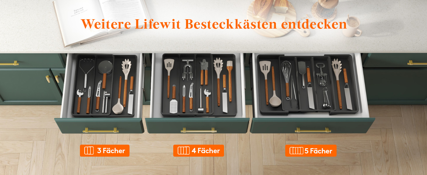 Органайзер для столових приборів Lifewit в шухляду, розширюваний 43.9 см, чорний, 30-44x40x4.6 см