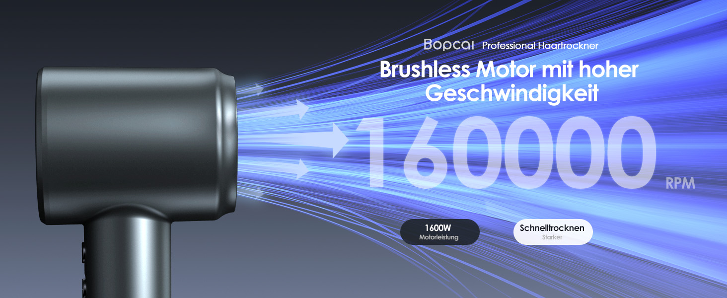 Іонізатор волосся Bopcal, 160000 об/хв, 500 млн іонів, з насадкою-дифузором, професійний фен для дому, салону, подорожей, 12 режимів, чорний