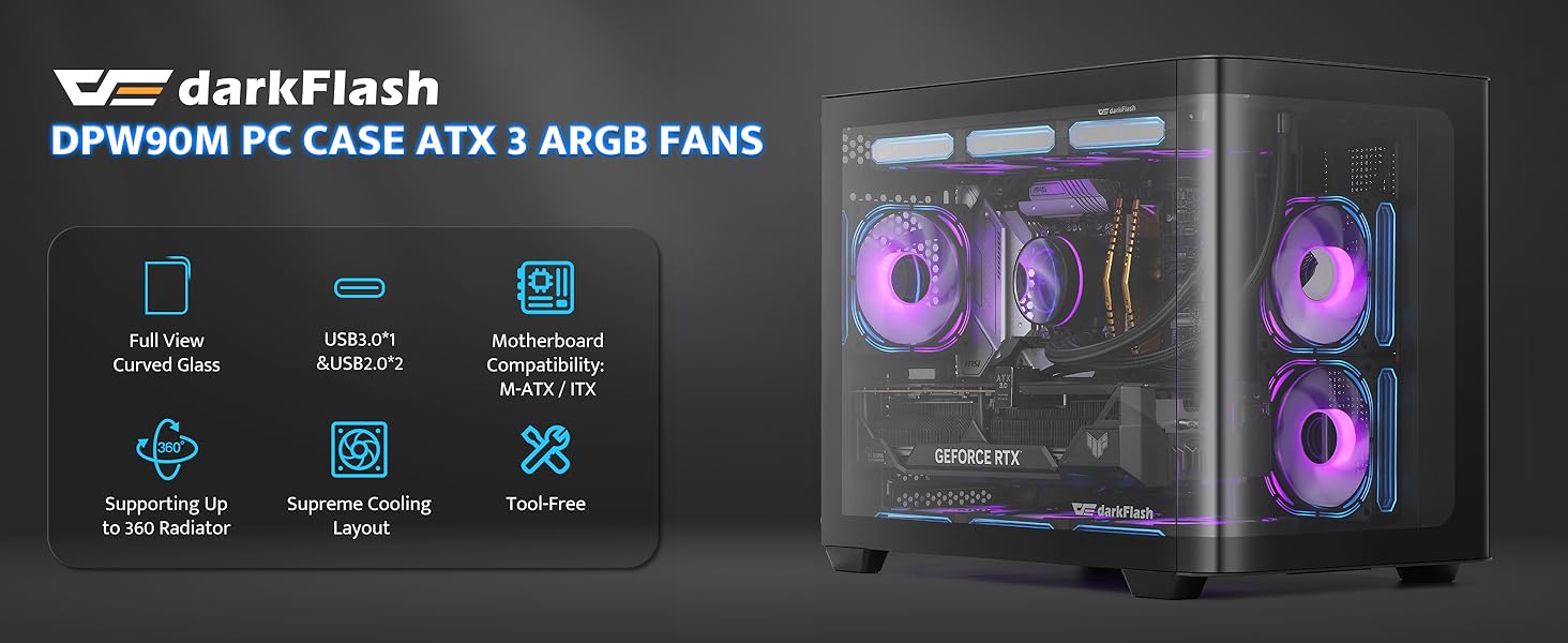 darkFlash ATX корпус для ігрового ПК з 4 ARGB вентиляторами, скло для повного огляду, 2 камери, Type-C, підтримка 2 AIO 360мм, чорний (DPW90)