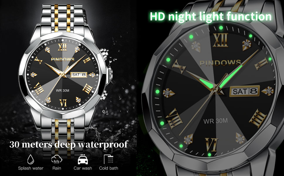 Годинник чоловічий PINDOWS Luxus Quarz з датою та великим циферблатом, водонепроникний, стильний бізнес-годинник. Елегантний двоколірний класичний годинник з нержавіючої сталі з підсвічуванням та календарем. Артикул: De650n2. Срібний браслет, чорний циферблат.