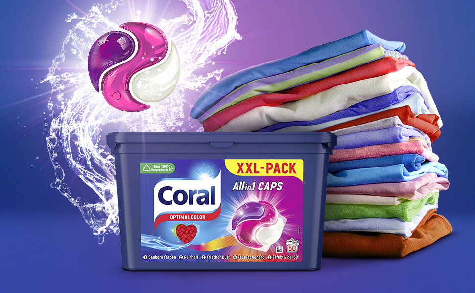 Капсули для прання кольорової білизни Coral Allin1 Caps Optimal Color, свіжий аромат, 64 шт (4х16), 1.06 кг
