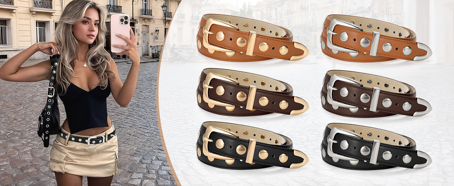 Жіночий шкіряний ремінь JASGOOD з золотою пряжкою, вінтажний панк-рок, модний ремінь з шипами для джинсів та повсякденного носіння, класичний чорний, 130 см: для розміру 105-114 см