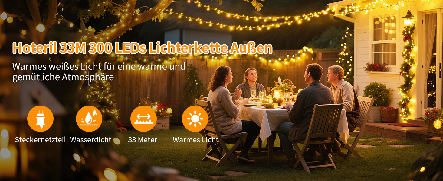LED гірлянда для декору приміщень та вулиці, 33м, 300 LED, тепле біле світло, для саду, вечірки, весілля, Різдва, тераси, балкону