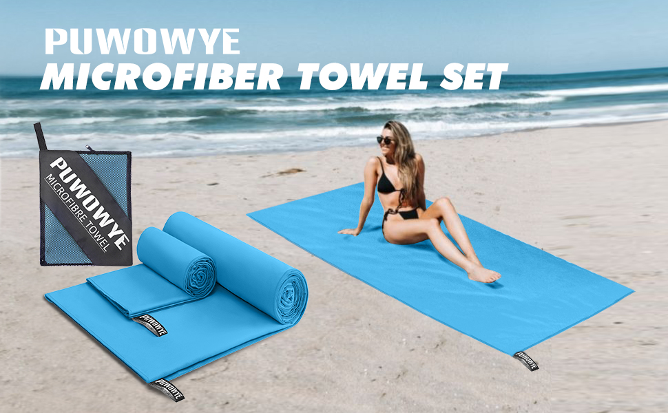 Набір рушників з мікрофібри PUWOWYE (2 шт.): великий (160x80 см) + маленький (80x40 см), швидковисихаючі, для спорту, фітнесу, сауни, пляжу, подорожей та відпочинку на природі (ясний блакитний)