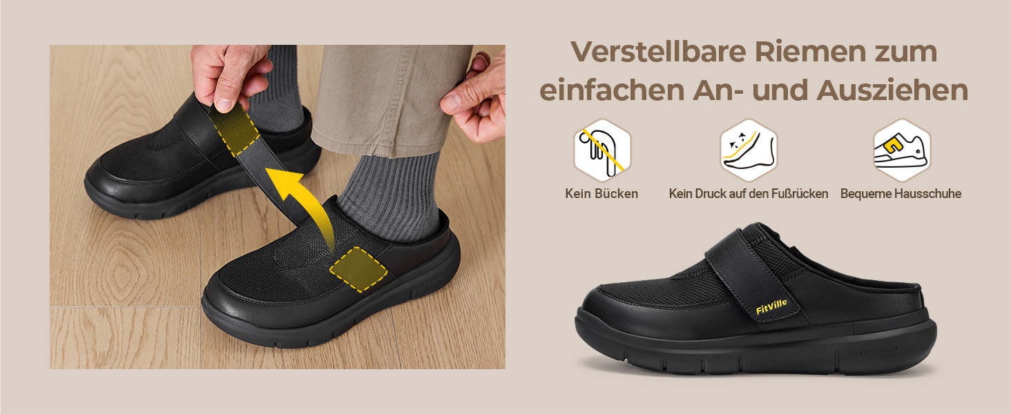 Домашні тапочки FitVille для чоловіків та людей похилого віку, широкі, з клямкою, чорні, розмір 41-50