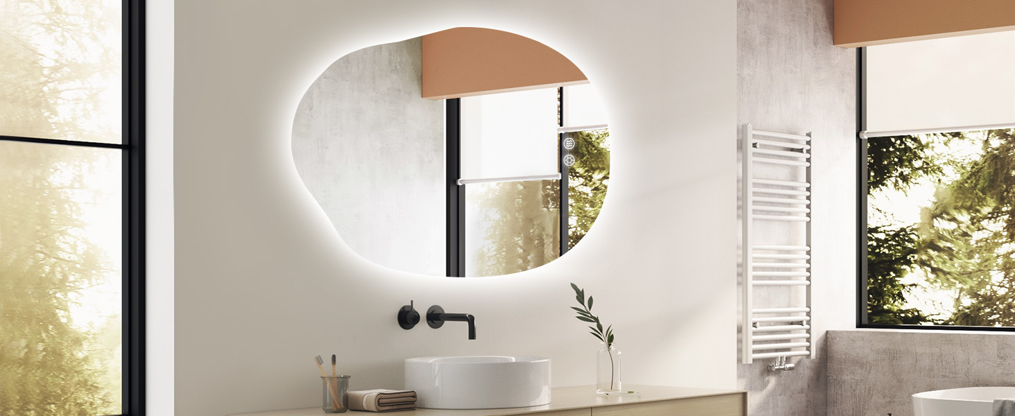 Дзеркало для ванної кімнати з підсвічуванням, арочне, без рами, 50x75 см. Антизапарник, сенсорне управління, регулювання яскравості, 3 кольори світла