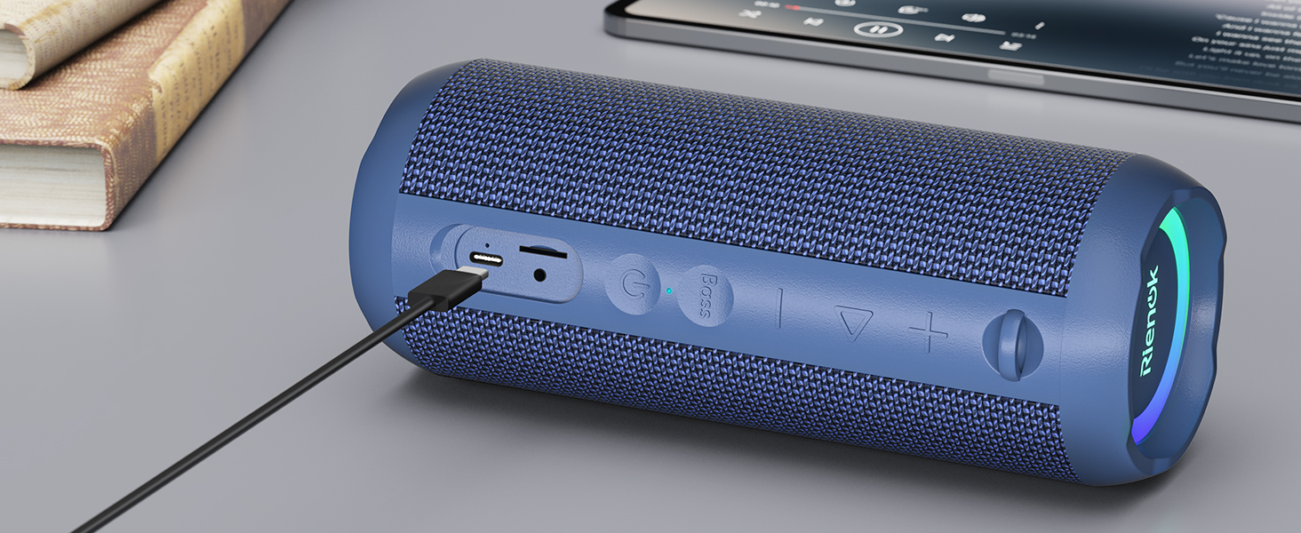 Bluetooth портативна колонка RIENOK з підсвічуванням, IPX7, 3600 mAh, баси, стерео звук (Блакитний)