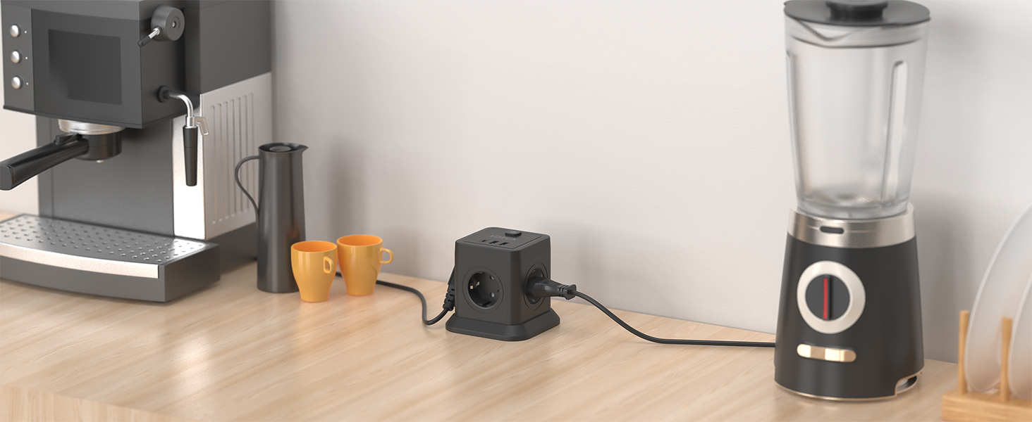 Багатофункціональний мережевий адаптер FDTEK 7-в-1 з USB-C та USB-A, 4 розетки, 2500W/10A, куб з вимикачем, кабель 1.8м, чорний