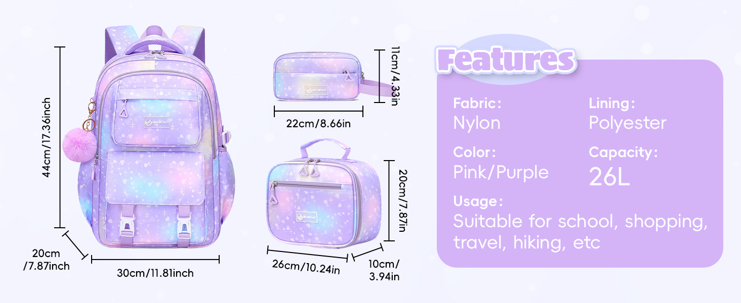 Шкільний рюкзак для дівчинки-підлітка 3 в 1, 2025, з ланч-боксом та пеналом, для ноутбука 15.6', гімназія, старша школа, подорожі - фіолетовий