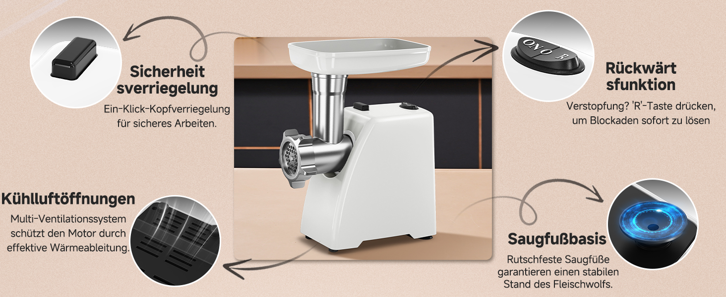 М'ясорубка електрична AMZCHEF для дому з 3 насадками, пристроєм для ковбас та набором для куббе | Ідеально для фаршу, ковбасок та домашньої кухні (біла)