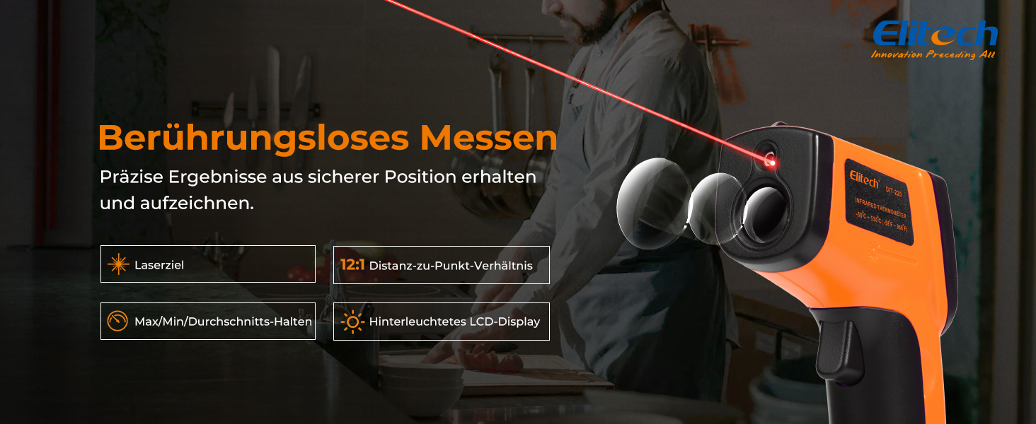 Інфрачервоний термометр Elitech -50~530℃: швидке вимірювання, лазерна ціль, для промисловості, будівництва та дому