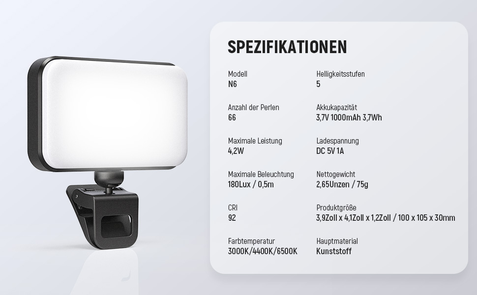 LED світло Neewer для селфі та відеозйомки на телефон, 54 світлодіоди, кліпса, CRI 88, 650mAh, для iPhone, ноутбук, вебкамера, Zoom, макіяж
