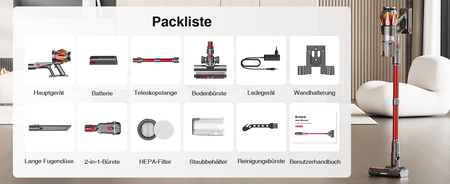 Бездротовий акумуляторний пилосос 45000Pa/550W/65хв, об'єм 1,6л з дисплеєм, антизаплутана щітка, самостійна парковка, док-станція на стіні, 8-шарова фільтрація, тихий, для шерсті тварин/килимів/твердих поверхонь/автомобіля (червоний)