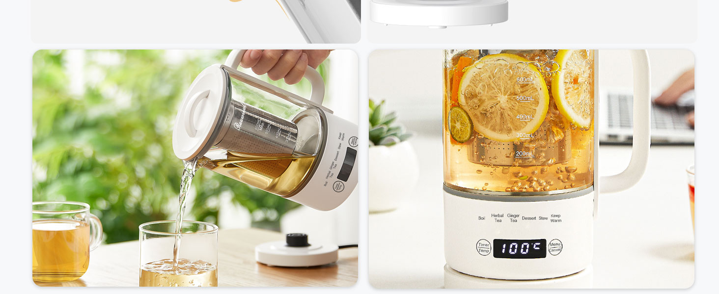 Електричний чайник Glas 0.6L, 500W, регулювання температури 40-75°C, таймер, сенсорне управління, BPA-free, компактний, для кухні/спальні/кемпінгу, для чаю/кави, білий