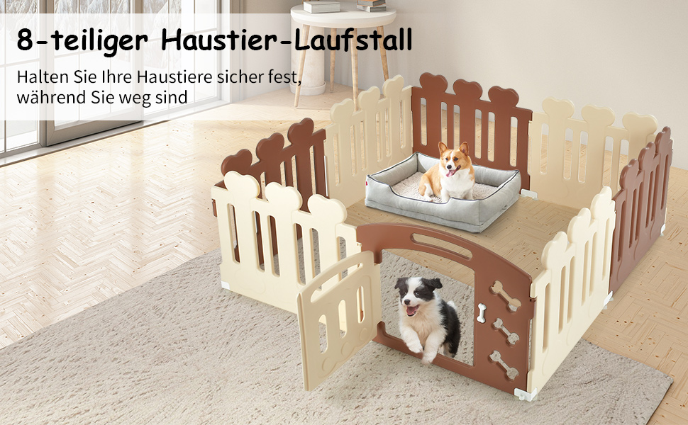 Вольєр для собак COSTWAY з 8 панелей, 60 см, з дверцятами, для дому та саду, HDPE пластик, бежевий + коричневий