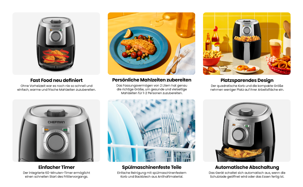 Фритюрниця Chefman 2L Mini – компактна, чорна, з антипригарним кошиком, цифровим таймером та індикатором струсу