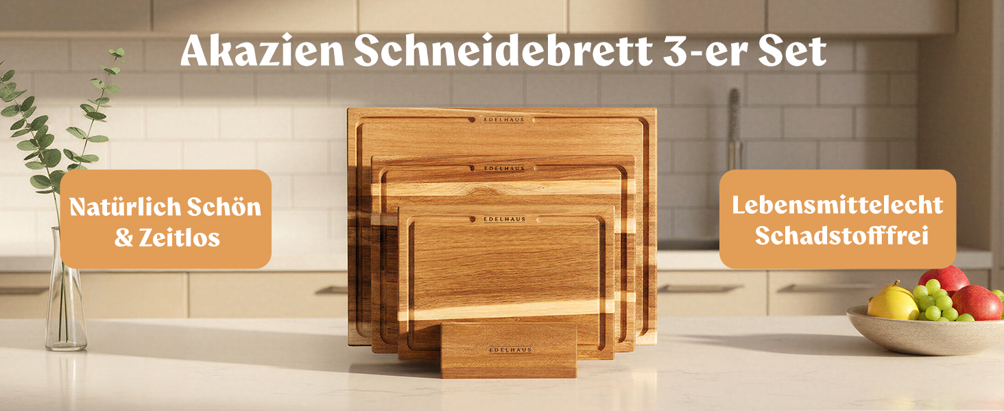 Набір дерев'яних обробних дощок 3 шт. з акціїї (40x30см / 33x24см / 26x18см) - дерев'яні дошки для кухні з канавкою для соку, преміум якість