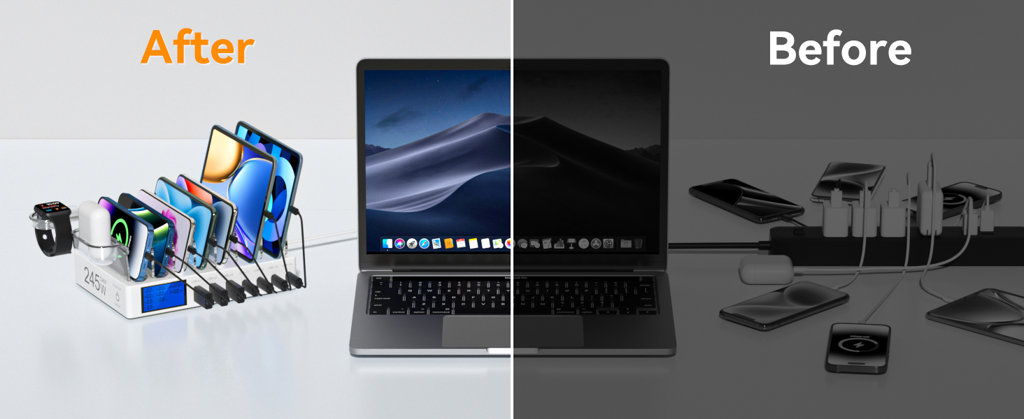 Зарядна станція 245W USB для 7 пристроїв з LCD-дисплеєм, кабелями та тримачем для iWatch, чорна - для iPhone, планшетів та іншої електроніки