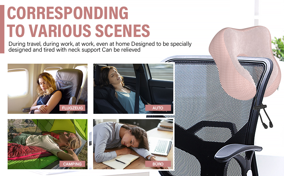Подушка для шиї Estefanlo для подорожей: автомобіль, літак, офіс. Memory Foam, м'який велюровий чохол (рожевий)