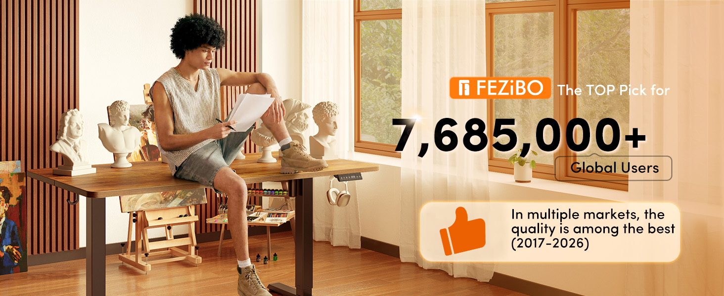 Регульований по висоті письмовий стіл FEZIBO 160x80 см з USB-C та USB-A портами для зарядки, коричневий