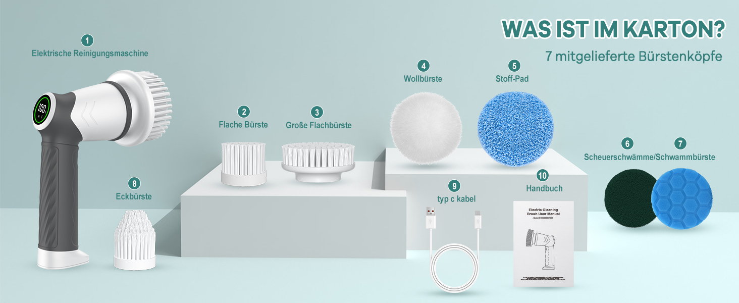 Електрична щітка для прибирання, бездротовий скрубер Power Spin з 7 насадками, 2 швидкості. Ідеально для плитки, душових кабін, скла та ванної кімнати