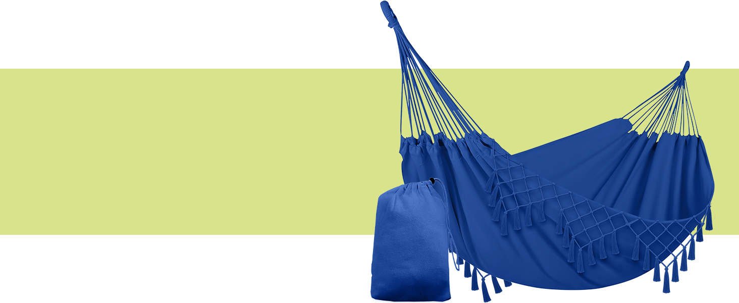 Гамак KRUMAD 260 см, до 250 кг, водостійкий, бавовна-поліестер, для саду, балкону, кемпінгу, з дерев'яними розпірками та сумкою (Синій, 150x200 см)