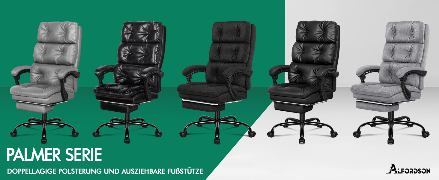 Офісне крісло ALFORDSON з регулюванням нахилу 150°, обертання 360° та підставкою для ніг. PU-шкіра, глянцевий чорний колір Palmer. Підходить для роботи та геймінгу.