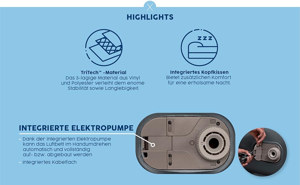 Надувний матрац Novaluxe з електронасосом та подушкою, сірий 203x152x56 см