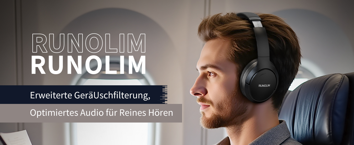 RUNOLIM Бездротові навушники Over-Ear з активним шумозаглушенням, Bluetooth, 70 годин роботи, Hi-Res Audio, глибокий бас, 3.5mm аудіокабель, чорний