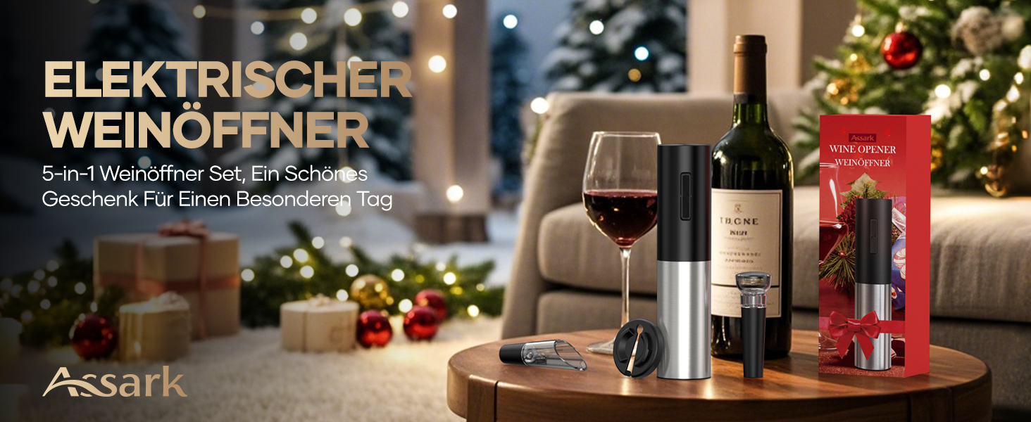 Електричний відкривачка для вин Assark, набір: автоматичний відкривачка, фольєзоріз, USB-кабель, вакуумні пробки та виливає для вина. Ідеальний подарунок!