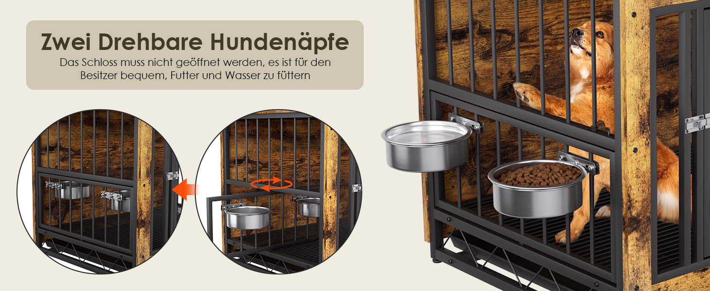 Дерев'яний вольєр для собак, 93x64x58 см, з піддоном та мисками, для собак середніх та маленьких порід (до 40 кг), білий (колір дерева)