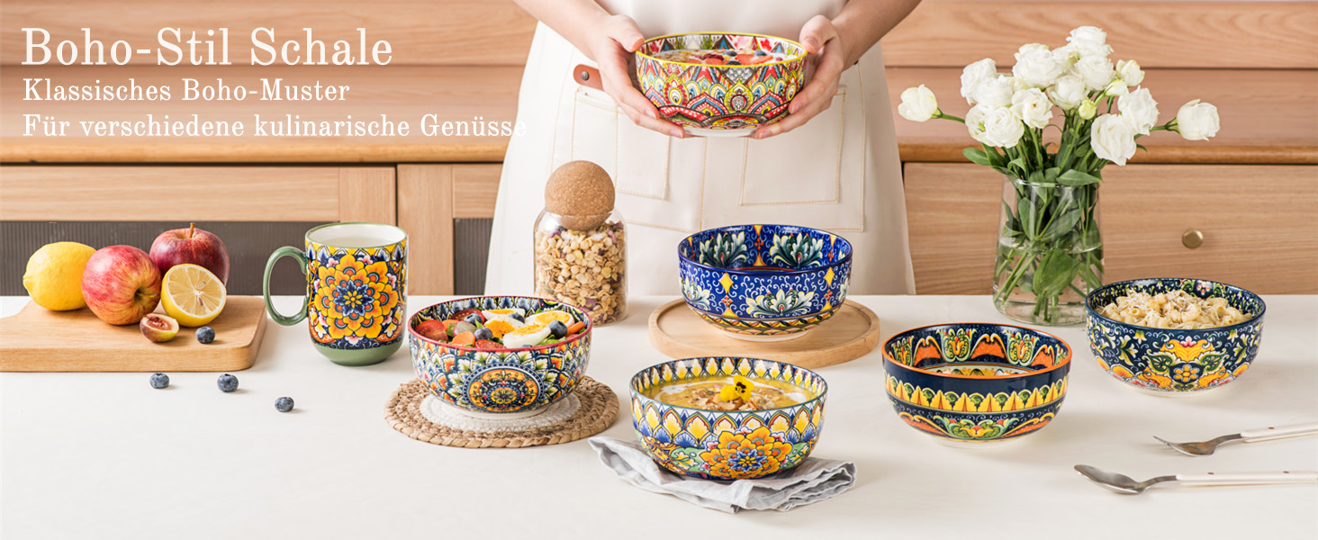 Набір супових тарілок Henten Home, 4 шт. - порцелянові десертні/сніданочні тарілки, 300 мл, для морозива/рису/десерту, кольорові сервіровочні миски, 4 шт. - Богемний стиль