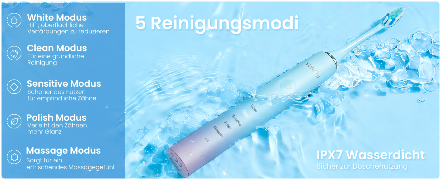 Електрична зубна щітка YUNCHI C2 з 40000 VPM, звукова щітка для дорослих, зарядка USB-C, 55 днів роботи від акумулятора, 5 режимів чищення, таймер 2 хвилини, 8 насадок, дорожній футляр, чорний (Ycyc-y7 Blue)