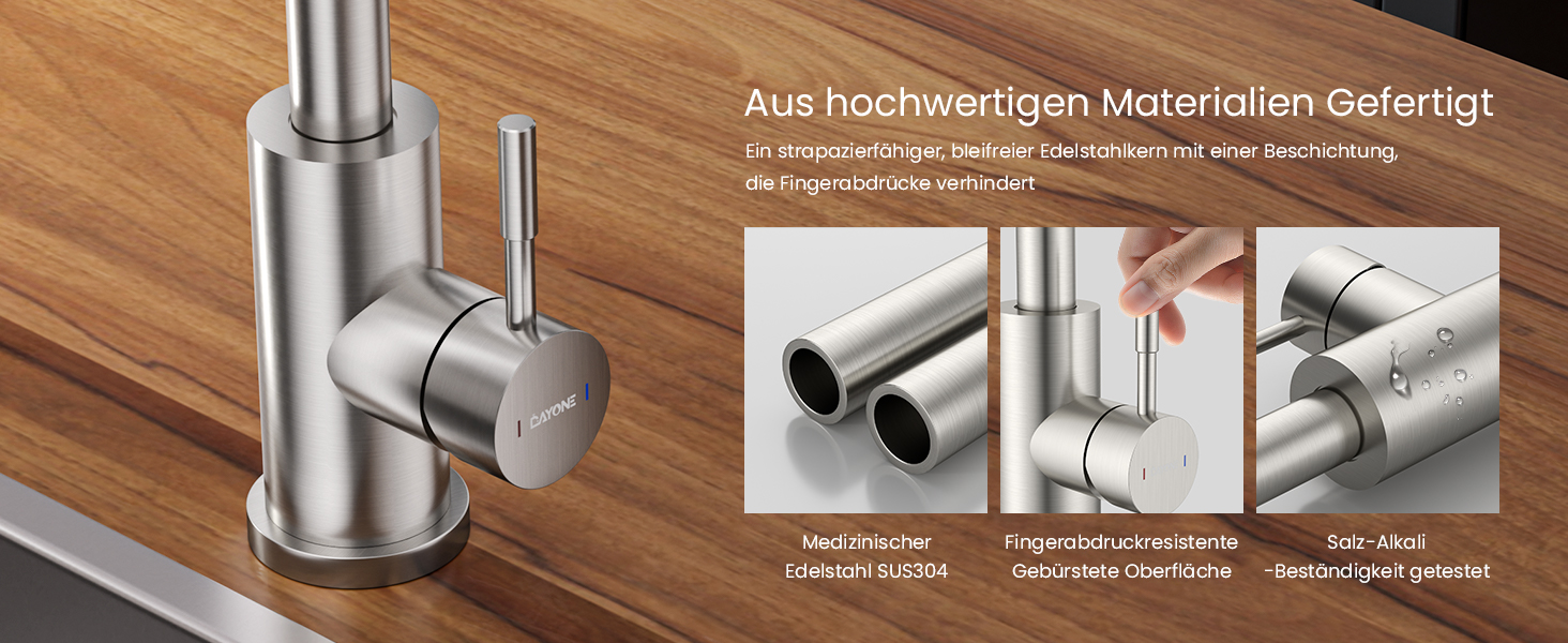 Кухонний змішувач Dayone з висувною лійкою, нержавіюча сталь SUS304, високий тиск, кухонний кран з 2 функціями, поворотна на 360°, для кухні