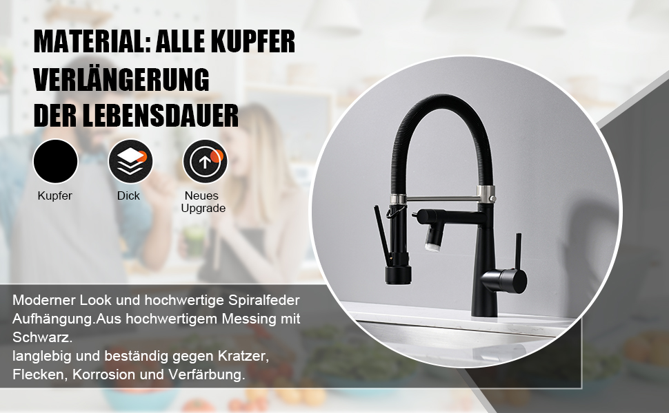 LED кухонний змішувач з спіральною пружиною, поворотний на 360°, з двома виливами, висувний, для кухні, з душем, високий тиск, з матовим нікелем