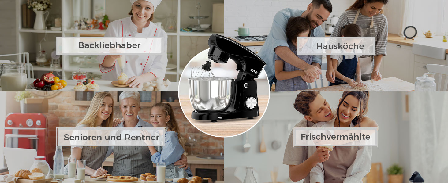 Кухонна машина YASHE 1500W з чашами 4.5 та 5L, 10+ швидкостей, нахильний корпус, гак для тіста, вінчик та насадка для збивання, багатофункціональна